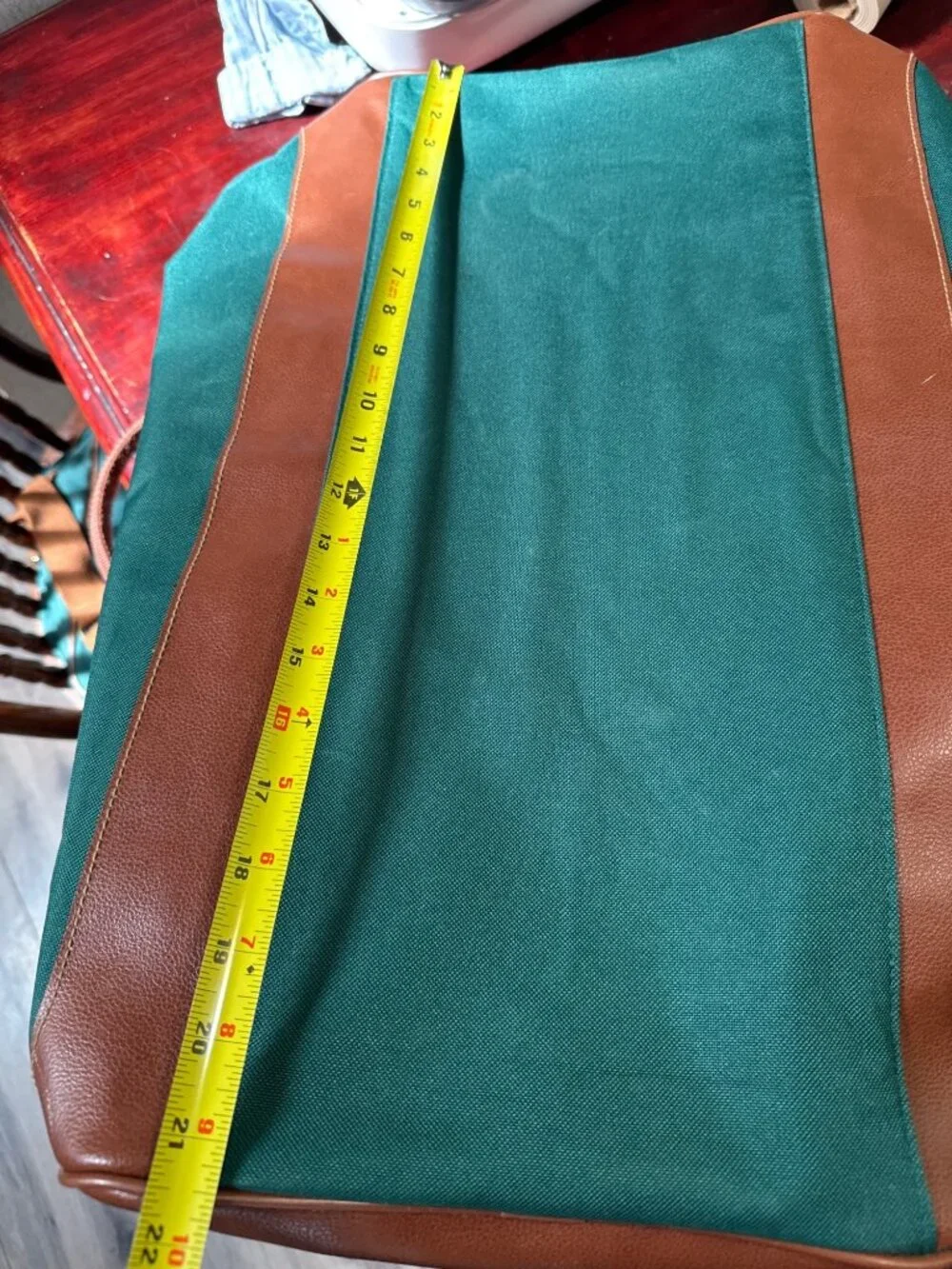 Ralph Lauren 1990's Green & Brown Canvas Duffel Bag Leather Trim And Adjustable